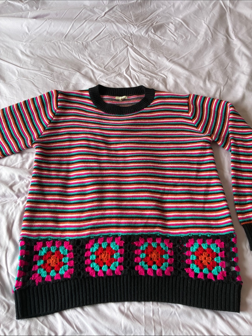 JODIFL Multicolor Striped Crewneck Sweater with granny square panel, size large
